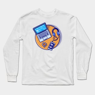 Laptop, Smartphone And Headphone Cartoon Long Sleeve T-Shirt